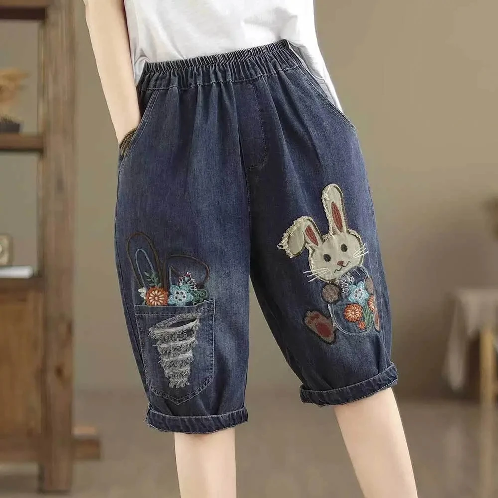 New Summer Capris Jeans Stretch Female Harem Denim Pants Women High Wasit Cotton Loose Wide Leg Jeans Short Pants
