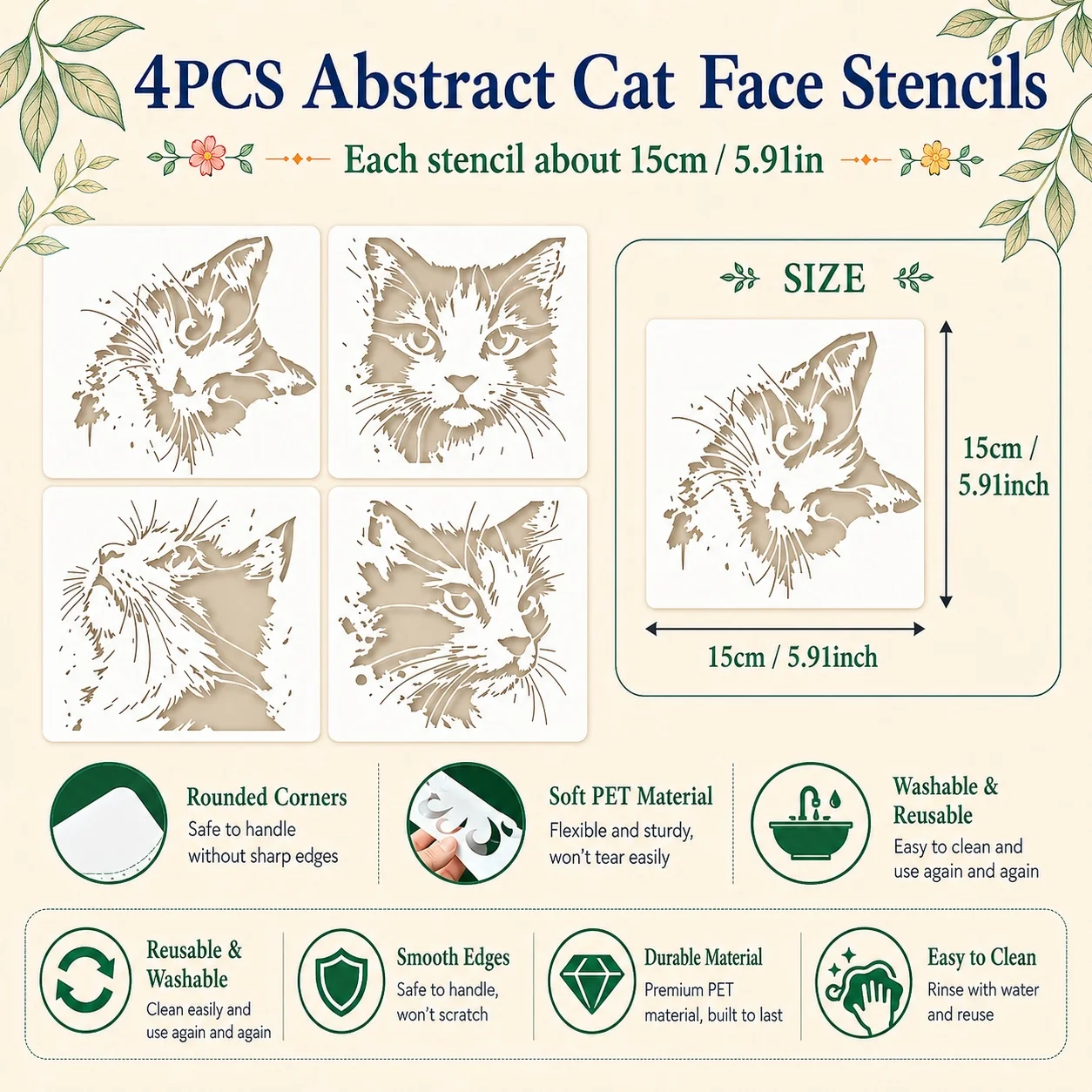 4pcs Cat Face Pattern Stencils with Abstract Cat Face Painting Stencil PET Cats Graffiti Stencils Themes Template for Wall & DIY
