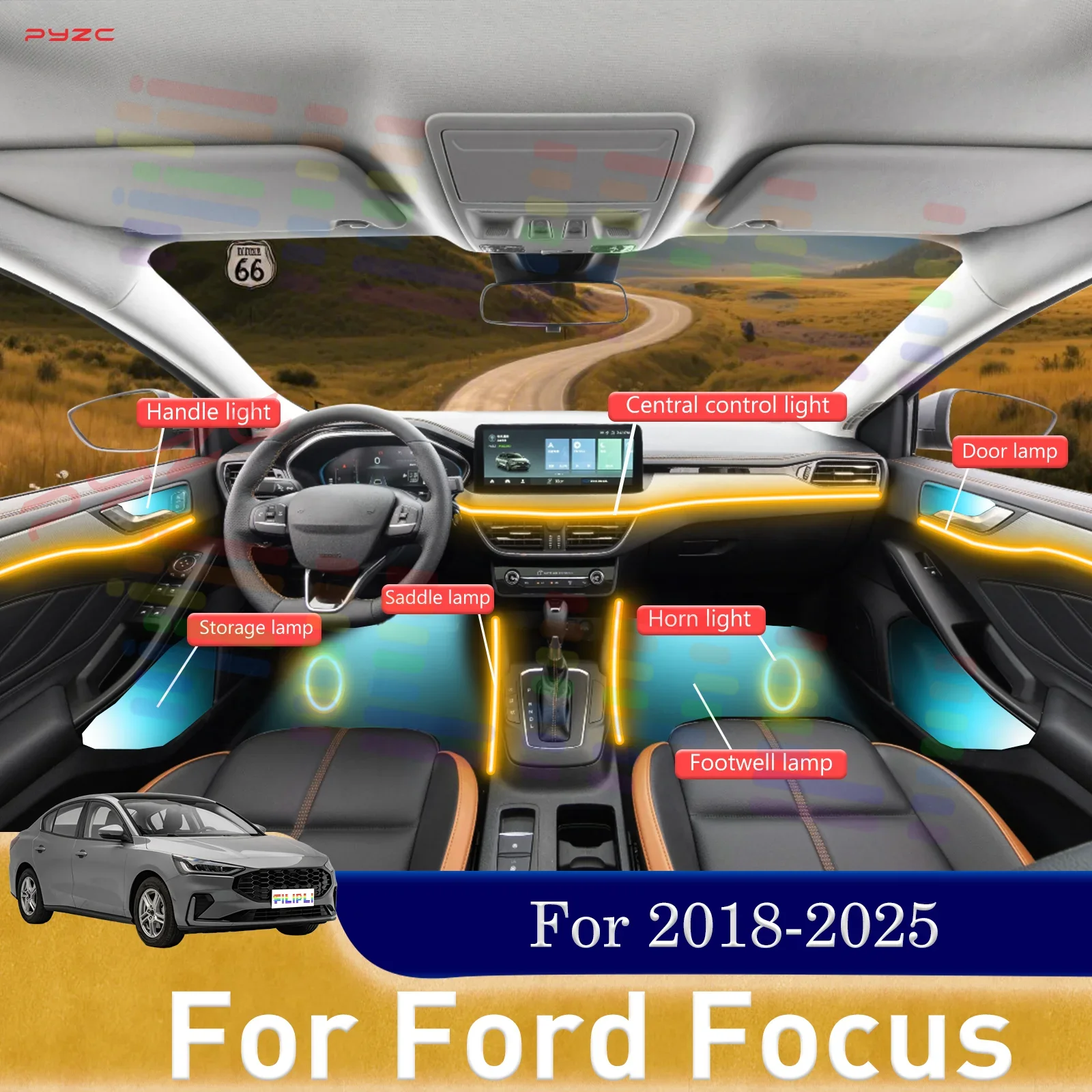 

Для Ford Focus салон автомобиля декоративный окружающий свет RGB 64-цветный светодиодный комплект для установки с безопасным зажимом для 2018-2025 гг.