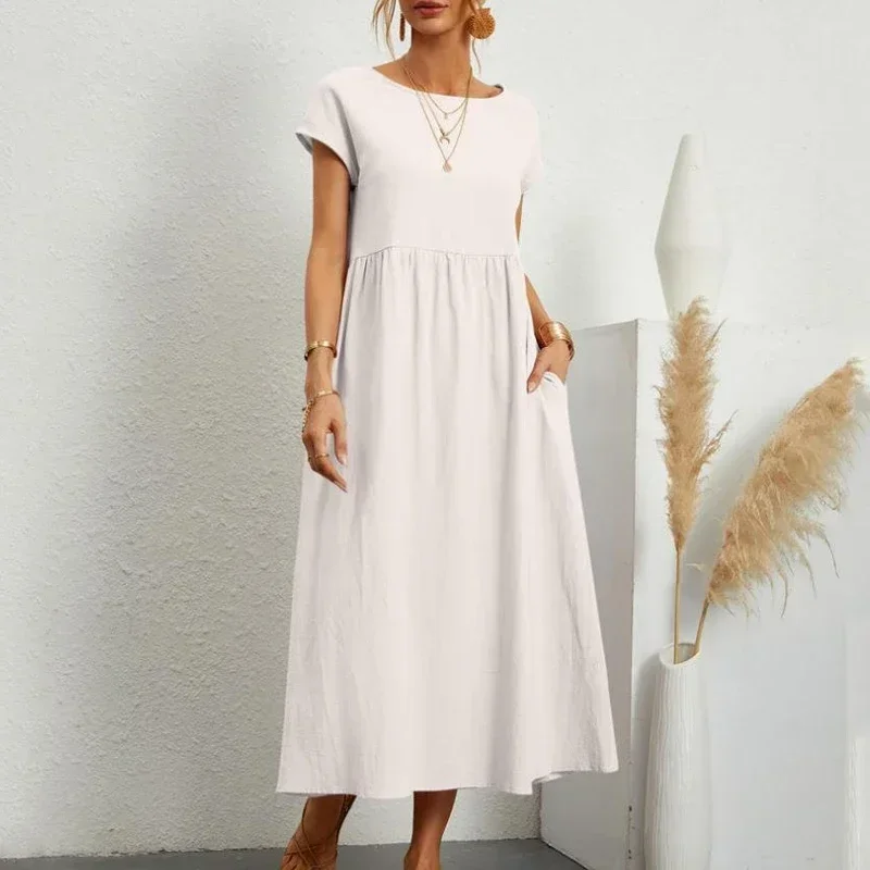 Letnia bawełniana lniana sukienka z krótkim rękawem O Neck Luźna kieszeń Vestido Moda Casual Eleganckie sukienki