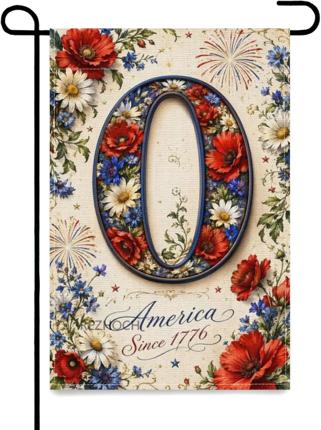 Patriotic Monogram Garden Flag 12x18 Inch,Vintage Floral Letter O Outdoor Yard Flags,Red White Blue Flowers USA Independence yyi