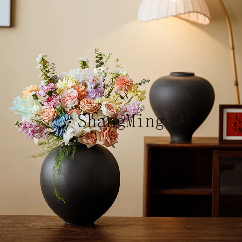

ZYY wabi-sabi retro ceramic vase new Chinese living room desktop black clay pot dried flower arrangement