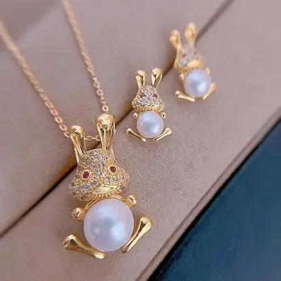 hare  south sea crystal pearl necklace Three pieces pendant earring ring set