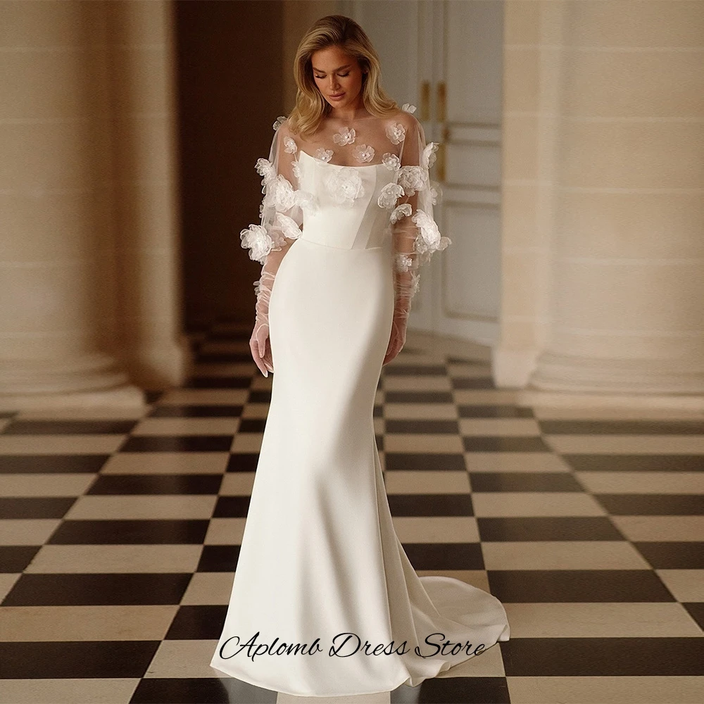 ชุดแต่งงานแบบเจอร์ซีย์สั่งตัดพิเศษ โรแมนติก พร้อมผ้าคลุมไหล่ ประดับดอกไม้ 3 มิติ ดีไซน์หรูหรา ทรงเมอร์เมด ทันสมัย แบบไม่มีแขน