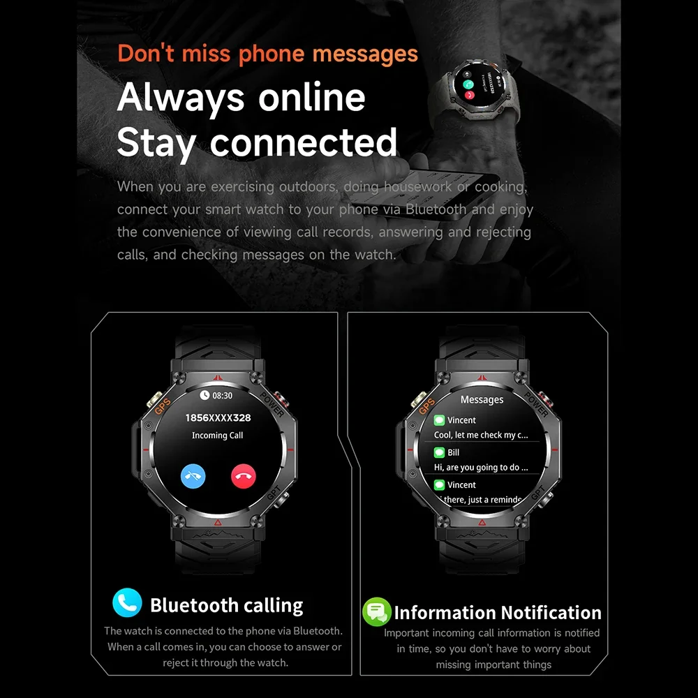 GPS 스마트 시계 야외 피트니스 트래커 스포츠 Smartwatch 손전등 심박수 모니터 보수계 AI Assistant For ChaatGPT 3 ATM