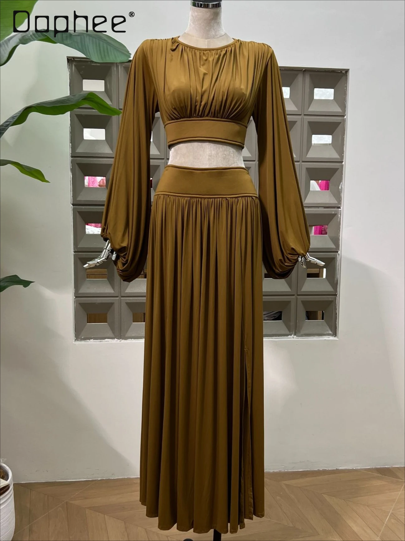 

High-end Temperament Celebrity Satin Skirt Sets Lantern Long-sleeved Short Top + Long Slit Skirt Two Piece Sets Womens Outifits