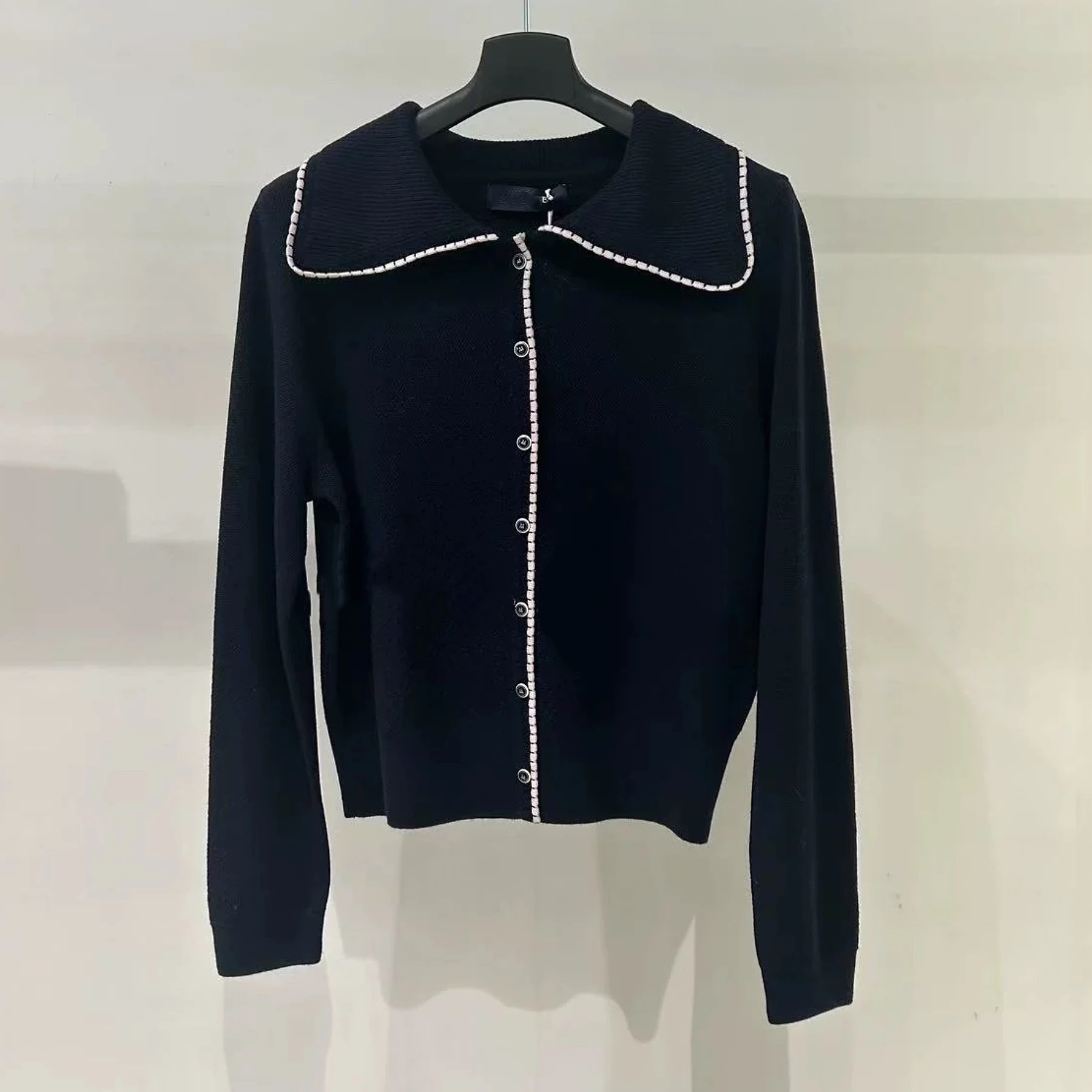 

Casual Knitted Woolen Cardigan Large Collar Color Block Design Commute Style Women's Long Sleeve Neck Open Front Sweater