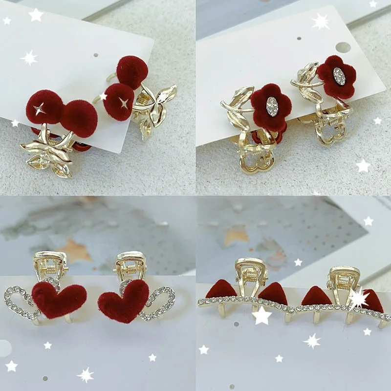 

Симпатичная вишневая заколка, маленькие когти для волос, красная бархатная заколка для челки в форме цветка в форме сердца, сломанная заколка для волос