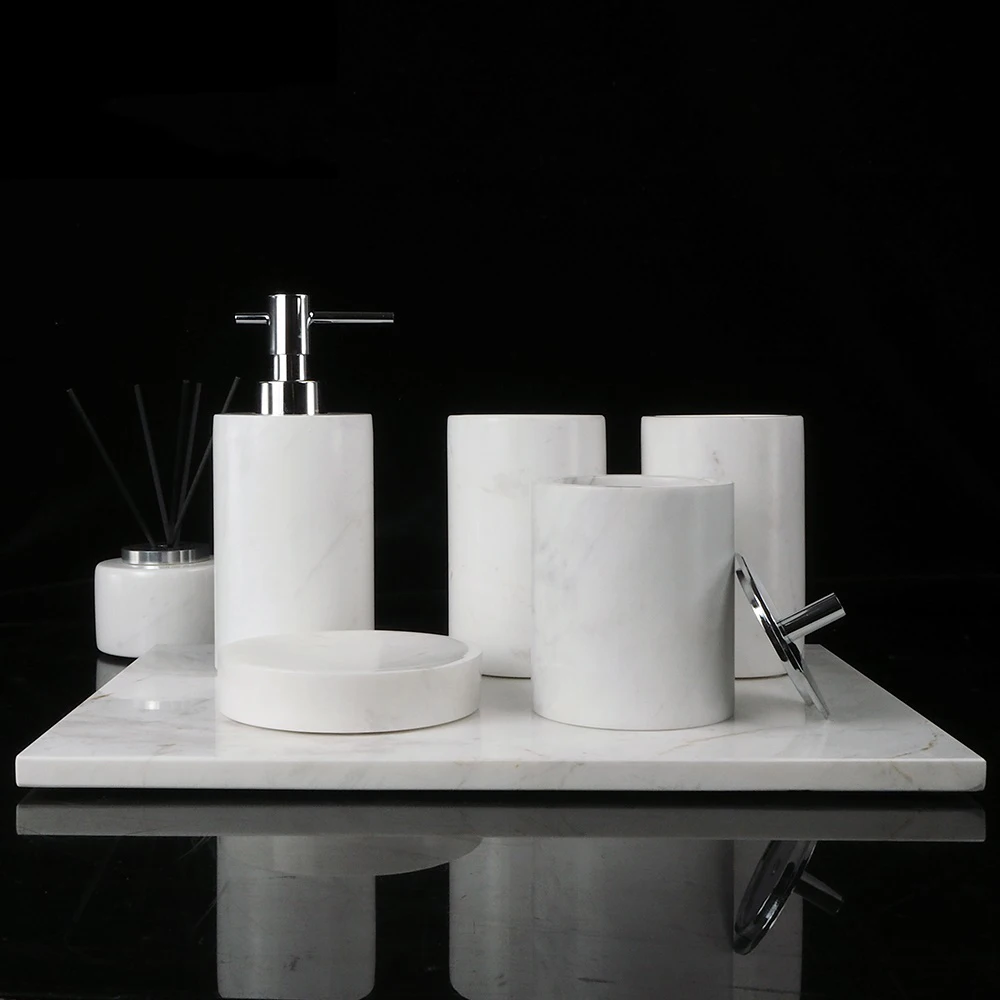 Volakos White Natural Marble Bathroom Set Soap Dispenser Soap Dish Toilet Brush Tissue Box Tray Bathroom Accessories