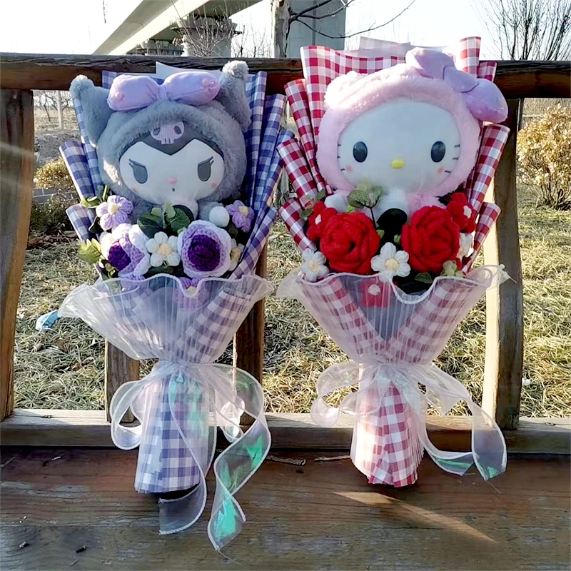 Kuromi Hello Kitty Plush Doll Toy Bouquet with Woolen Handwoven Rose Flower Valentine's Day Christmas Graduation Gifts