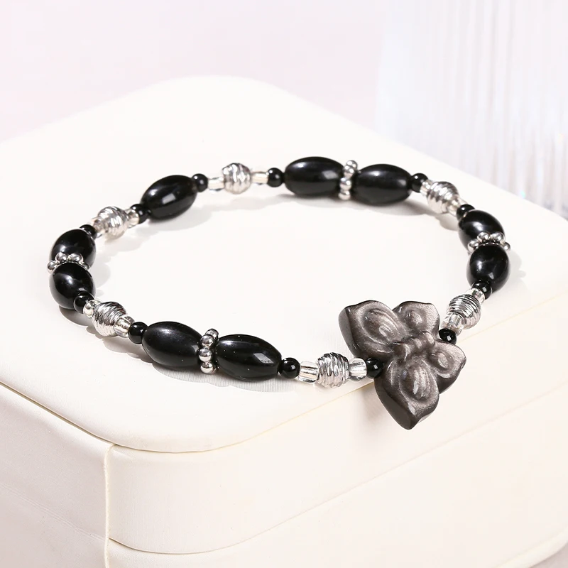 JD Natural Stone Black Obsidian Rice Bead Silver Color Obsidian Butterfly Bracelet Women Vintage Lucky Health Handmade Jewelry