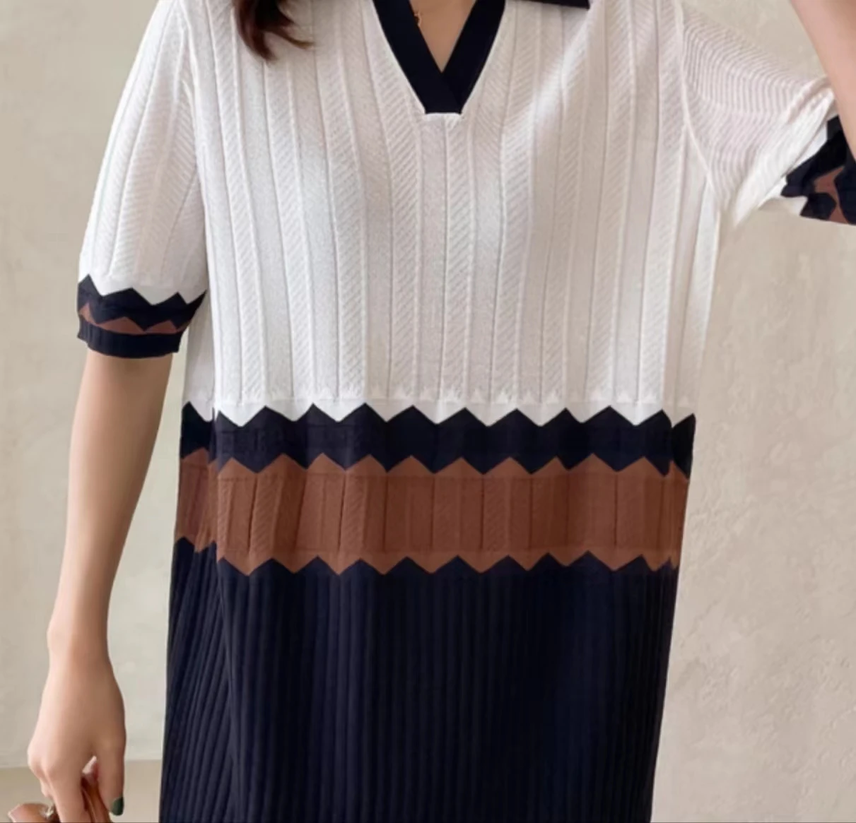 Korean Fashion Knitted Patchwork Dress Women Summer Polo Collar Half Sleeve Casual Loose Hollow Out Pleated Long Dresses Robe