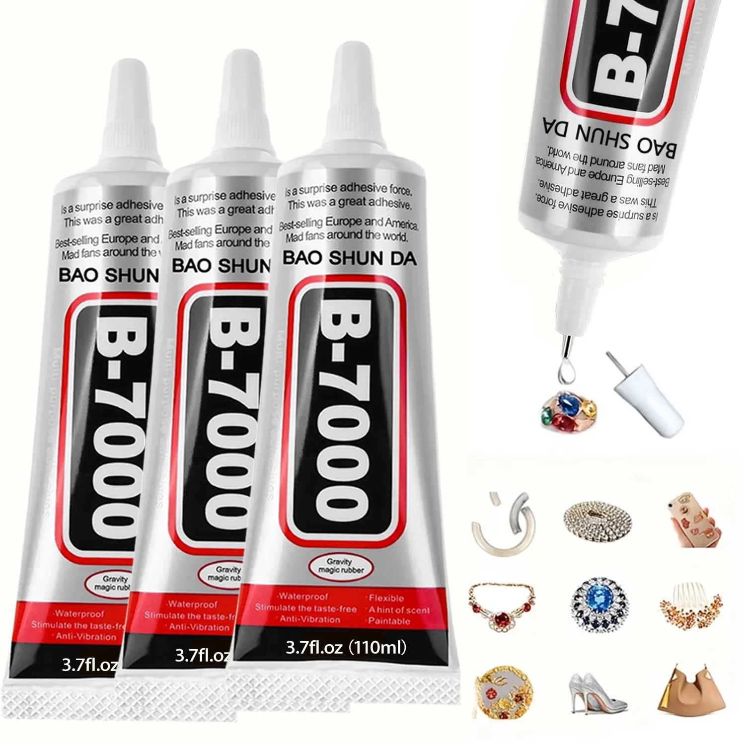 B7000 multi-purpose adhesive for jewels, 4-piece set: clear glue for rhinestones, pendant adhesive, precision-tipped applicator for jewelry making and mobile phone repair.