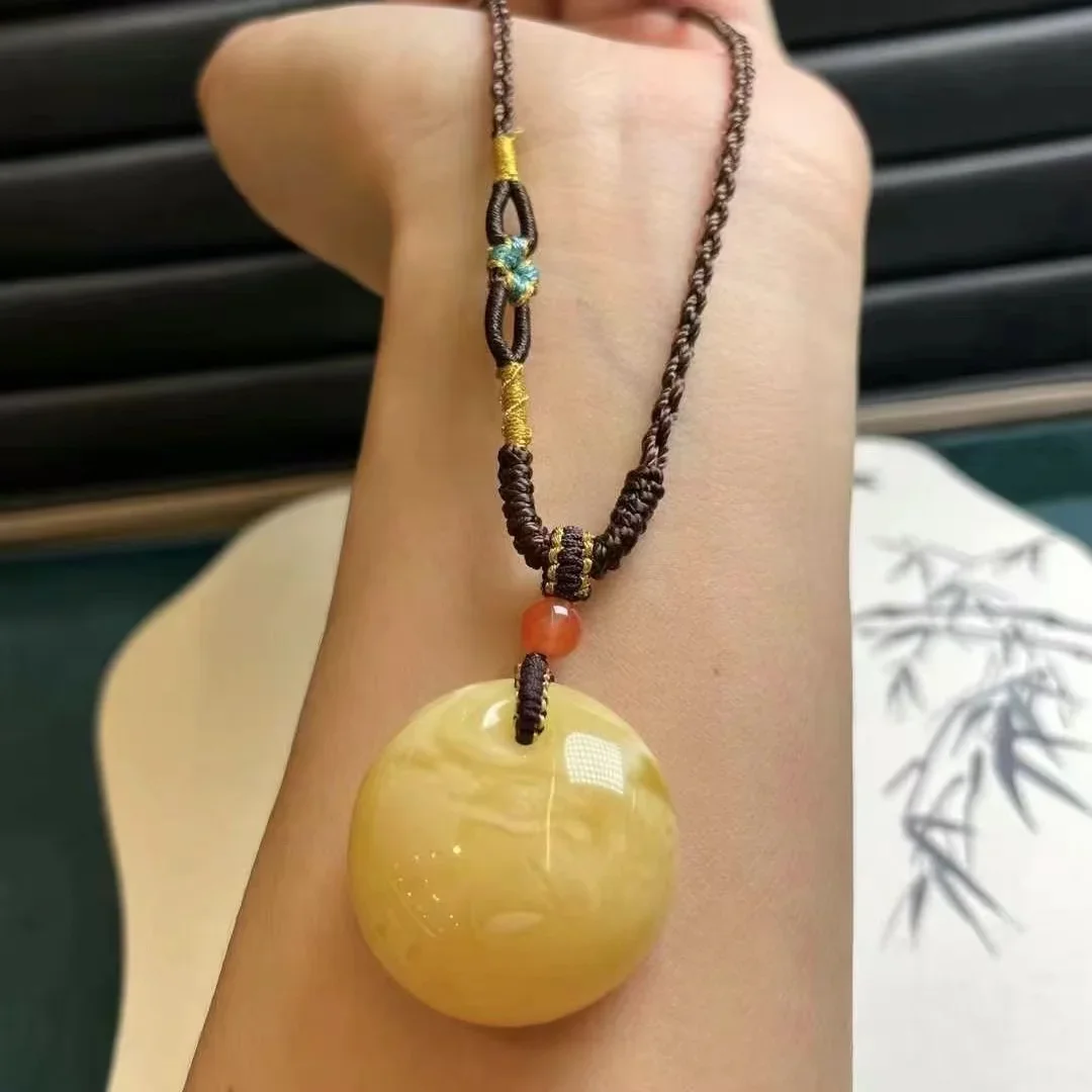 Natural 100% real yellow amber Barrel bead jade Sweater chain Pendant Women Charms Amulet Gifts For Ladies luxury Good Luck Gift