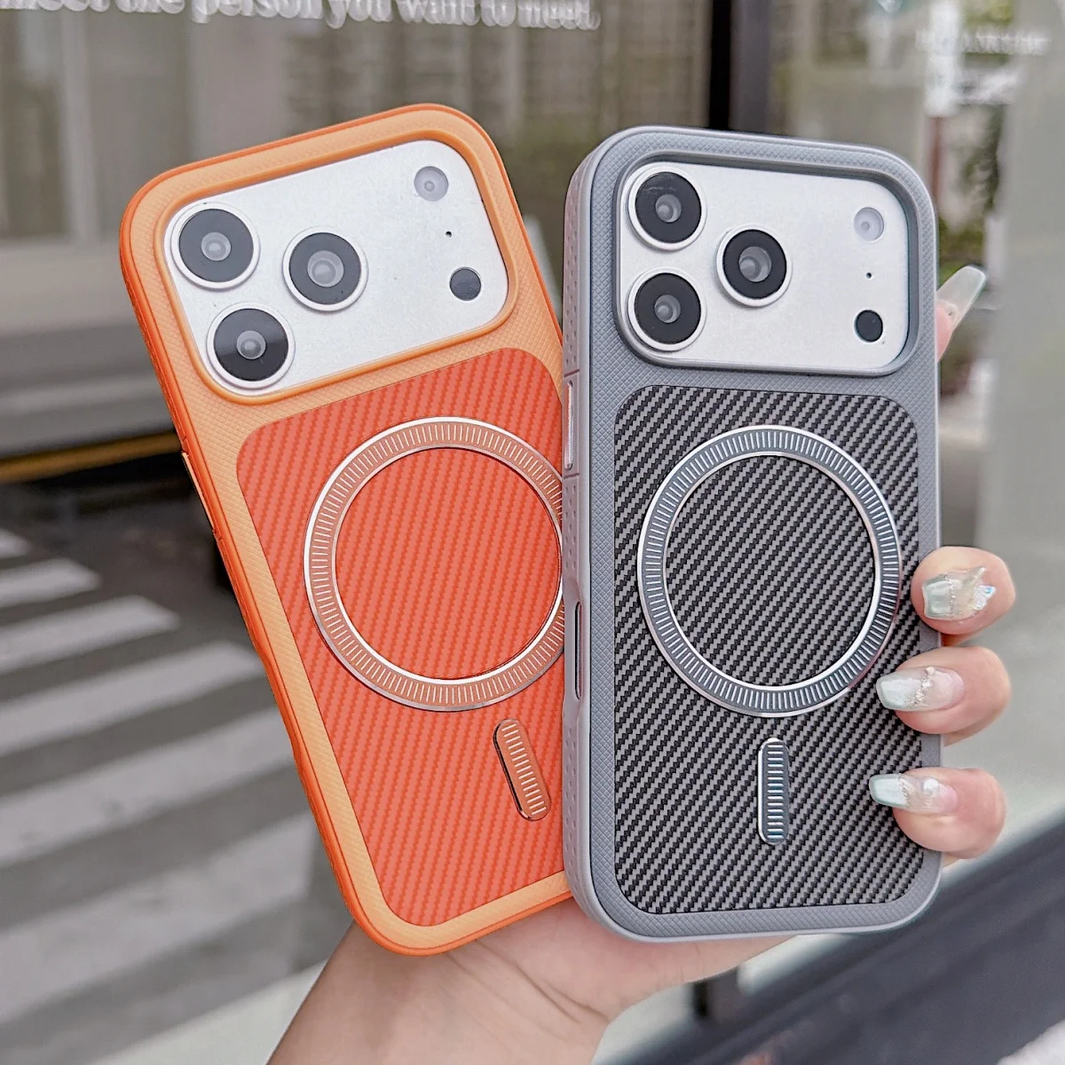 Carbon Fiber PU Leather Texture For Magsafe Magnetic Case For iPhone 18 17 16 15 14 13 Pro Max Hybrid Bumper Armor Phone Cover view 2