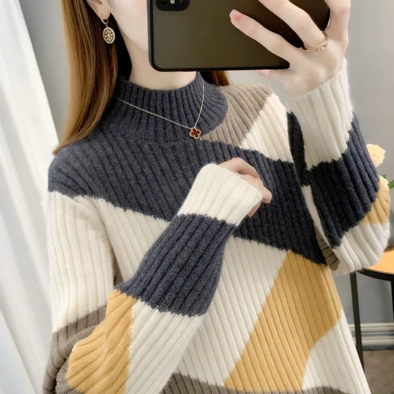 New Autumn and Winter Fashion Trend Color Blocking Half High Neck Loose and Versatile Westernized Women's Long Sleeved Sweater