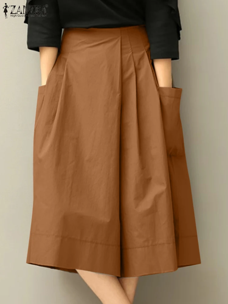 

ZANZEA 2021, летние широкие брюки, женские повседневные плиссированные брюки длиной до икры, свободные карманы, однотонные модные брюки с эластичной резинкой на талии