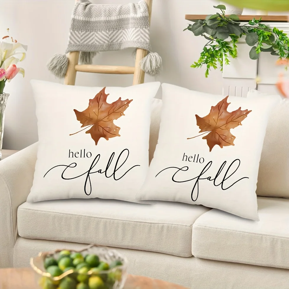2pc Hello Fall Watercolor Maple Leaf Throw Pillow Covers Set of 2