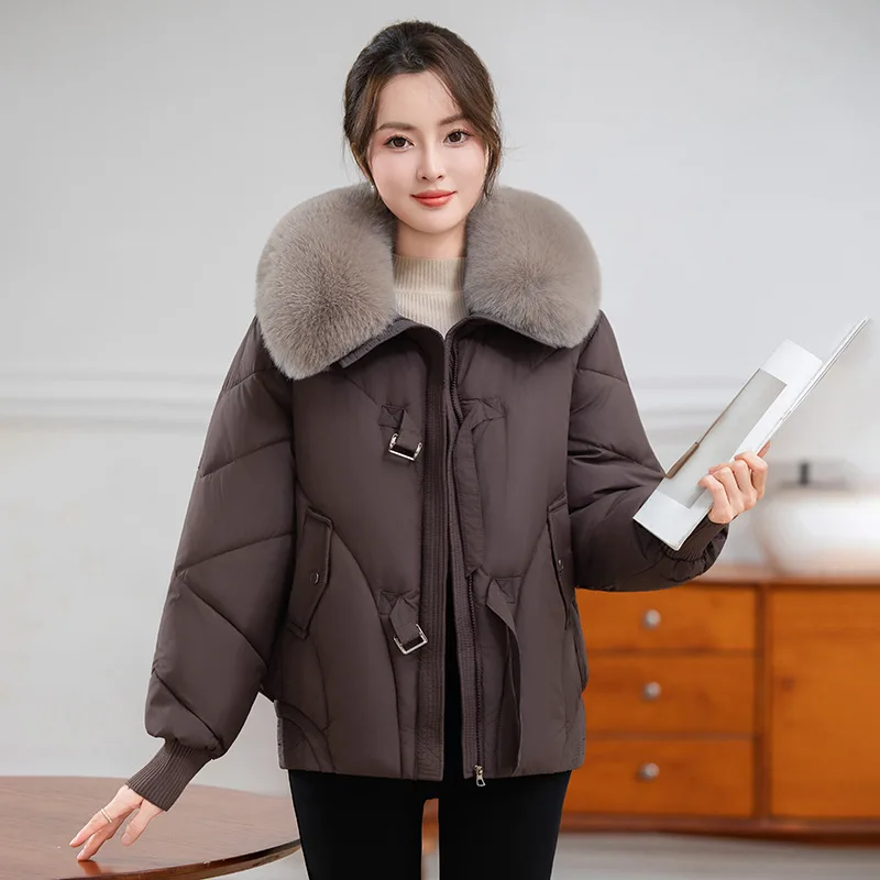 Women Oversize Parkas Coat Solid Short Jacket Middle Age Big Fur Collar Long Sleeve Zipper Straight Fit Thick Casual 2025 Winter