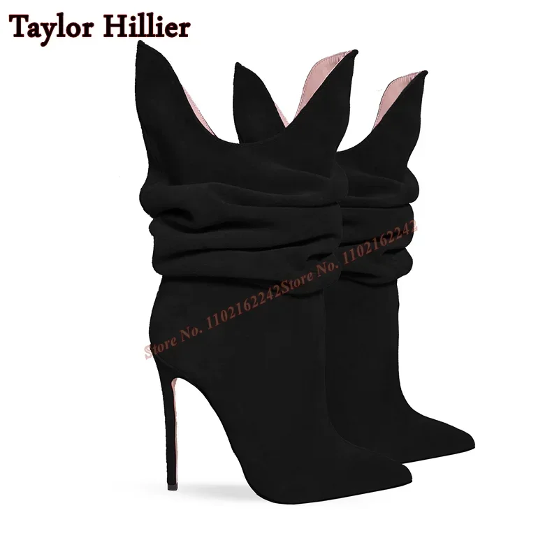 Suede Pleated V-Neck Short Boots Pointed Toe Stiletto Slip-On Autumn Fashion Boots Fashionable Casual Rose Red Short Boots  47