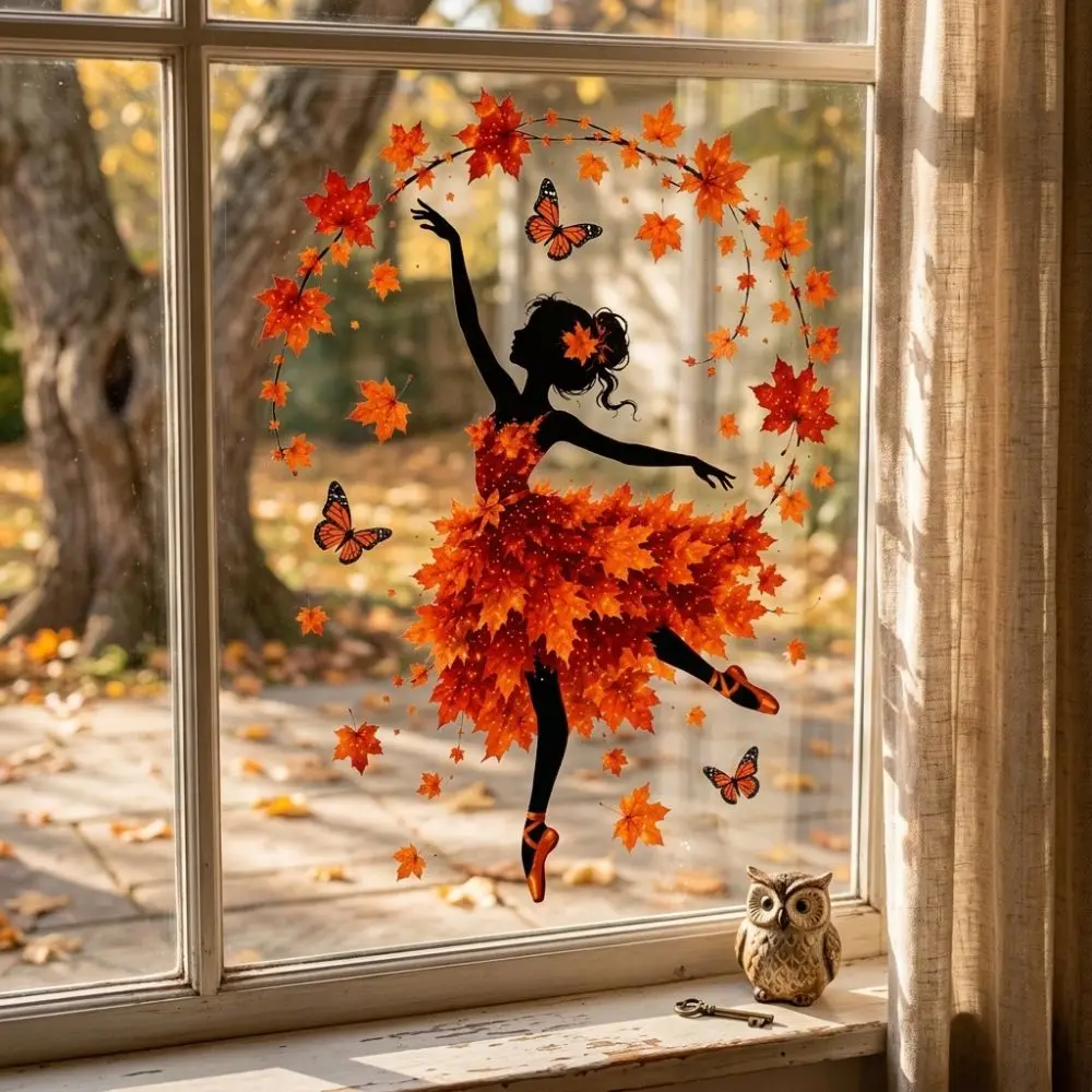 Adhesive-Free Autumn Ballerina Window Cling Aesthetic PVC Static Dancer Silhouette Window Sticker Waterproof Vibrant Color