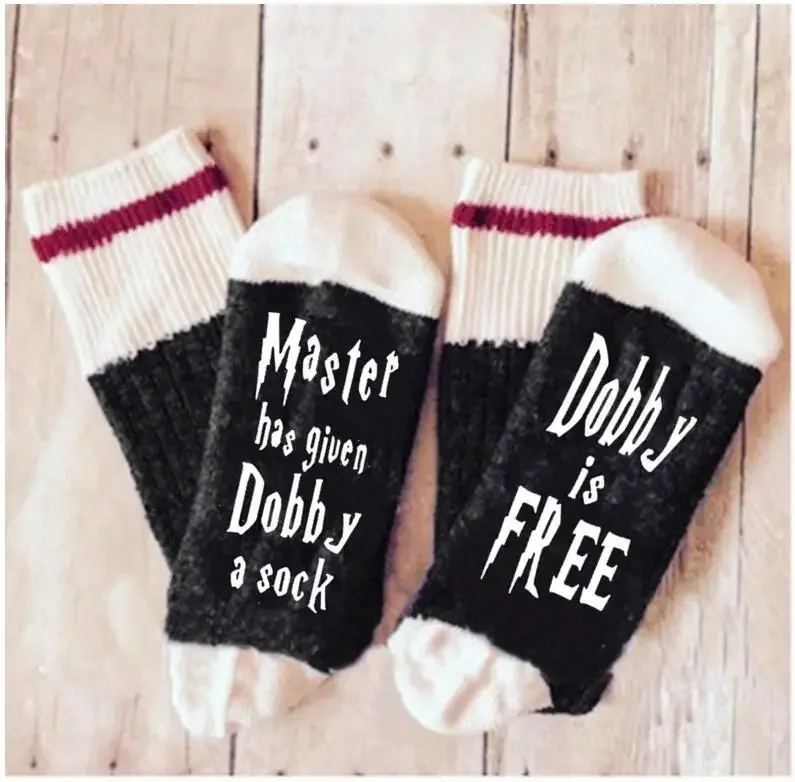 Funny Master Has Given Dobby A Sock Pattern Novelty Art Christmas Gift Humour Words Socks Hipster Rock Punk Middle Tube Socks