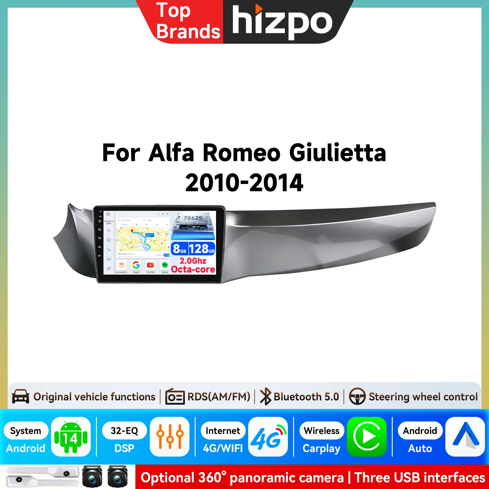 Hizpo 7862 Carplay 4G 2Din Android Autoradio für Alfa Romeo Giulietta 2010 - 2014 Furgonato Multimedia-Videoplayer GPS DSP WIFI
