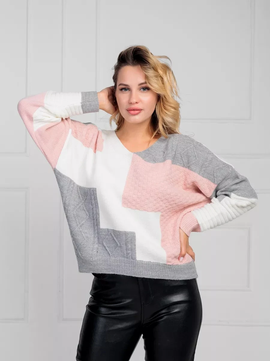 Women's Jumper Knitted Oversize V Neck Sweater Women's Fashion Multicolor Patchwork Pullover Sweater