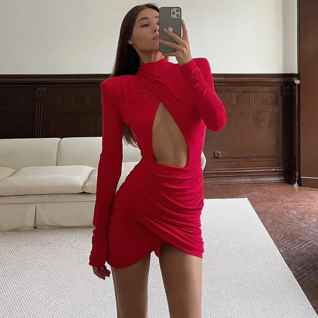 中空クロスシャーリングボディコンミニドレス女性ファッションセクシーなタートルネック長袖スリム誕生日パーティー衣装クラブウェア