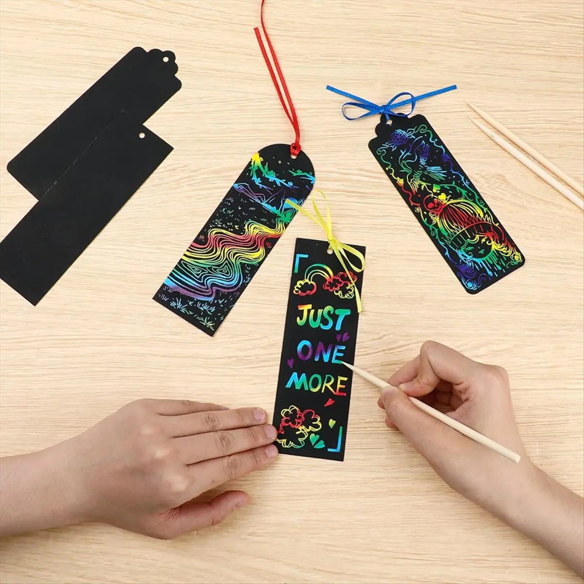 A20I , Student Party Favors Rainbow DIY Bookmark Hanging Gift Tags with Scratch Tool Ribbon for Classroom