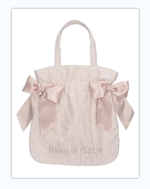 Borsa a tracolla portatile con coulisse in pizzo stile giapponese con coulisse e doppio fiocco per borse da donna per ragazze dolci