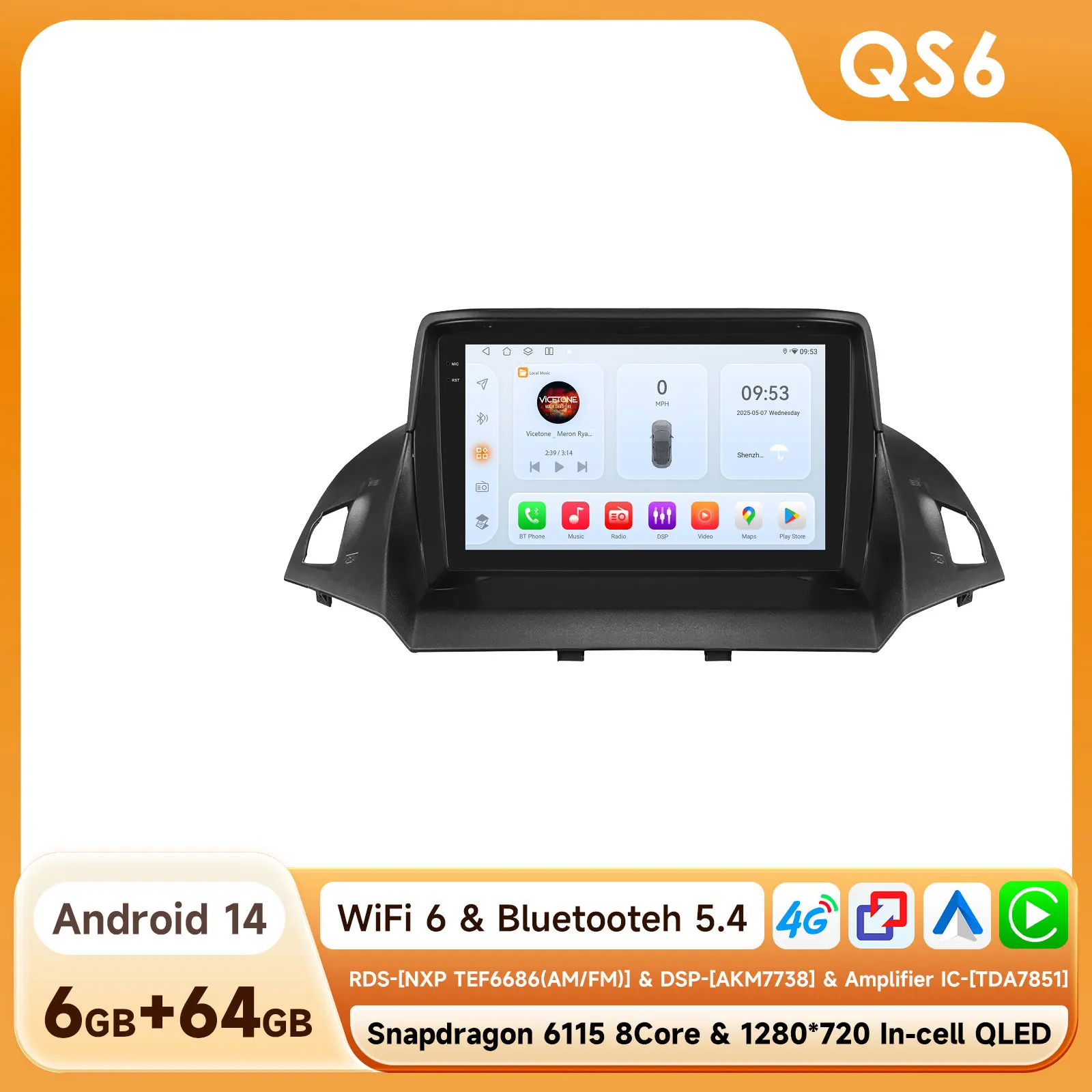Hizpo 9-inch Android autoradio voor Ford C-MAX Kuga 2 Escape 3 2012-2019, met draadloze Carplay, GPS-navigatie, scherm, stereo, video, touchscreen, Airplay, autoradiospeler, stereo, GPS-navigatie,