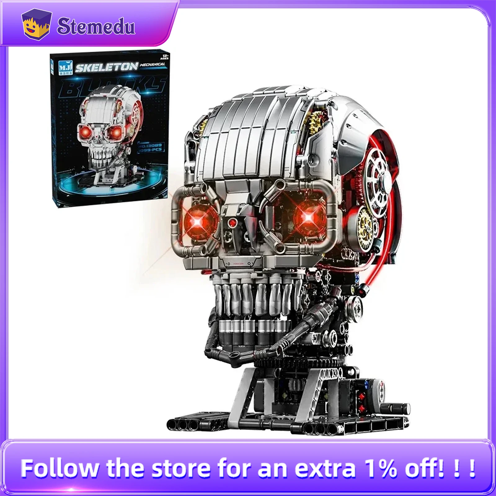 

1099PCS 13089 Mechanical Skull Model Building Blocks Set with Lighting Teens Educational Puzzle Brick Toys Childrens Adults Gift