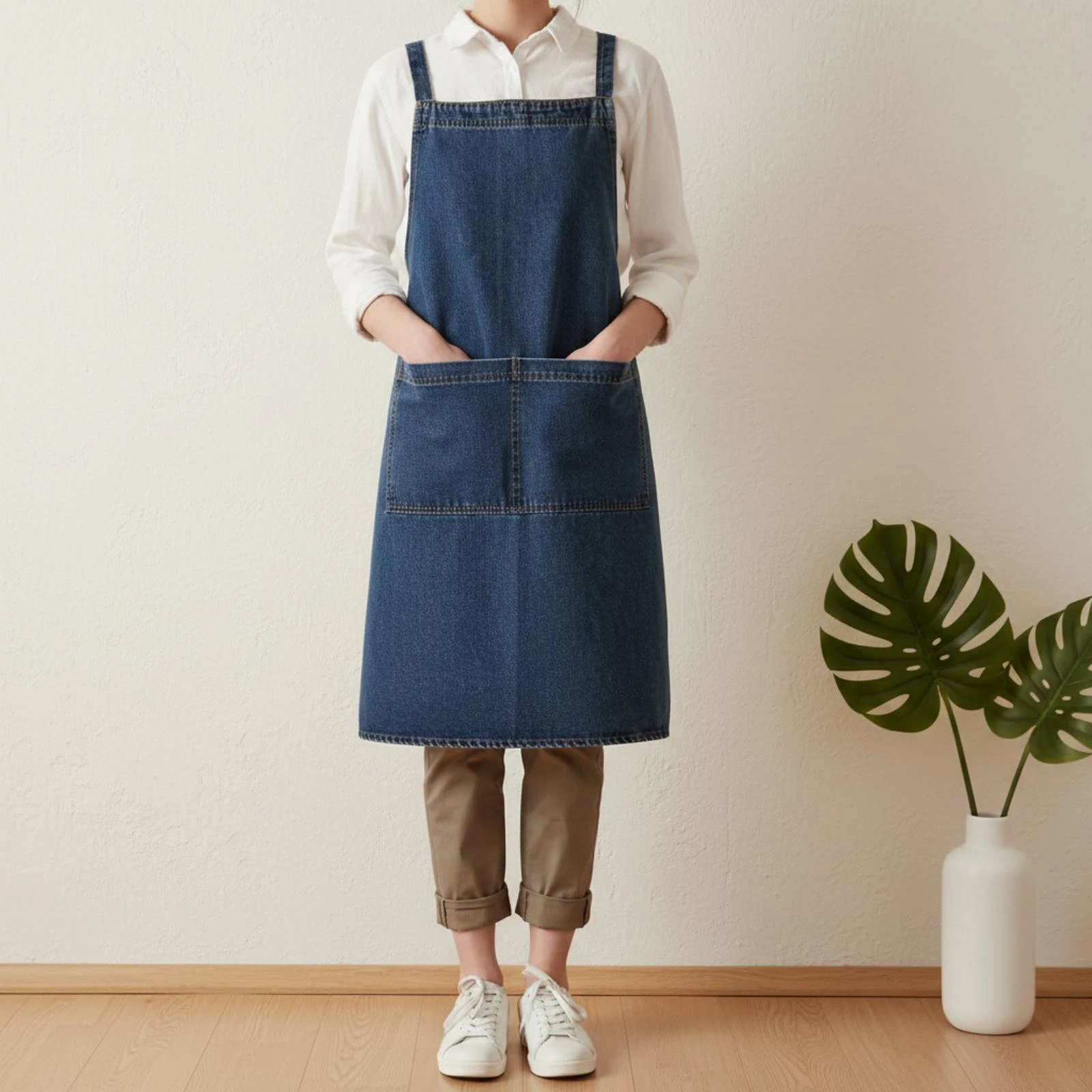

Denim Fabric Bib Apron Thick Textile Cotton Denim Fabric Apron Workwear Stain Resistant Multiple Pockets