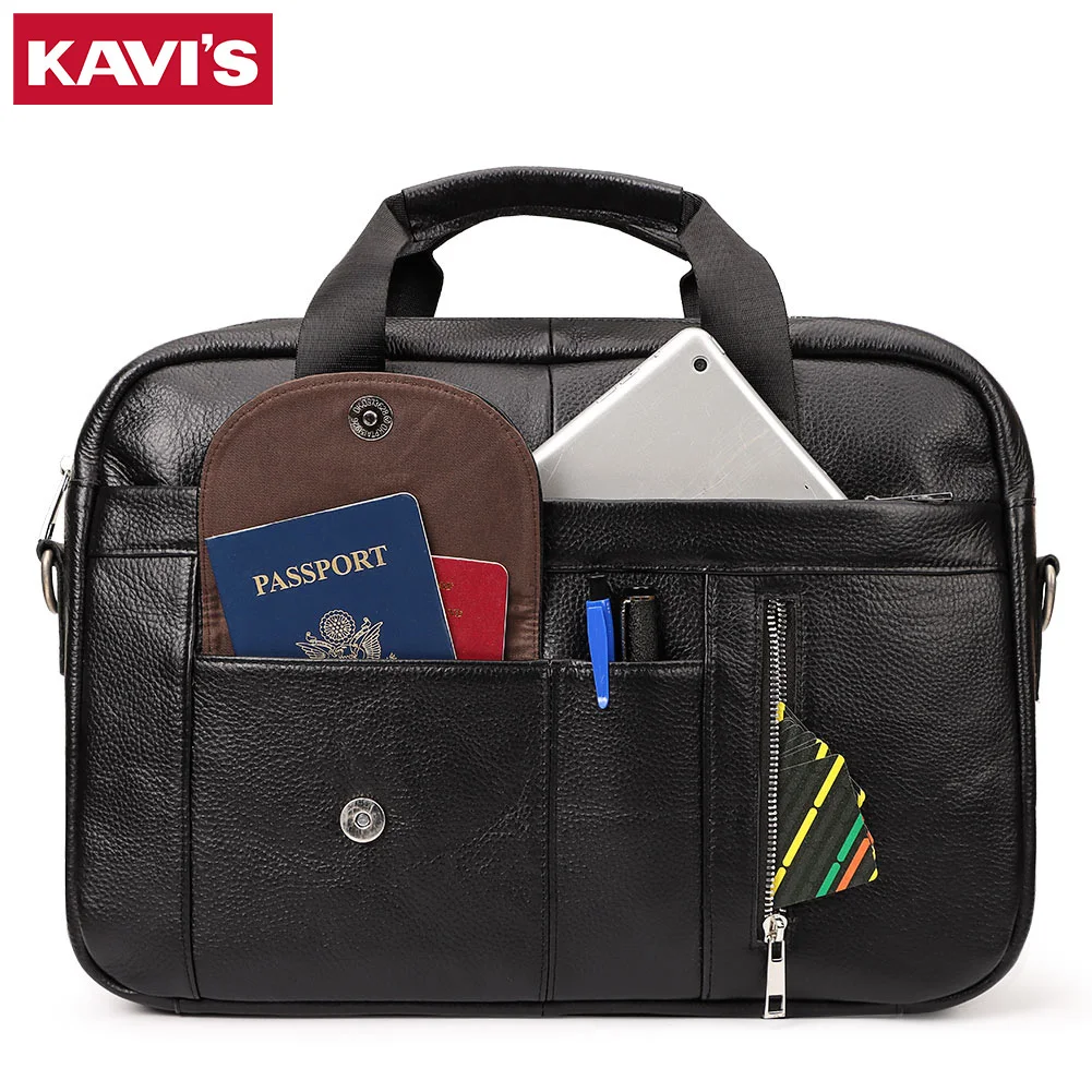 KAVIS High Quality Briefcase Bag Men's Top Layer Leather Handcrafted Laptop Bag Travel Business Shoulder Messenger Bag