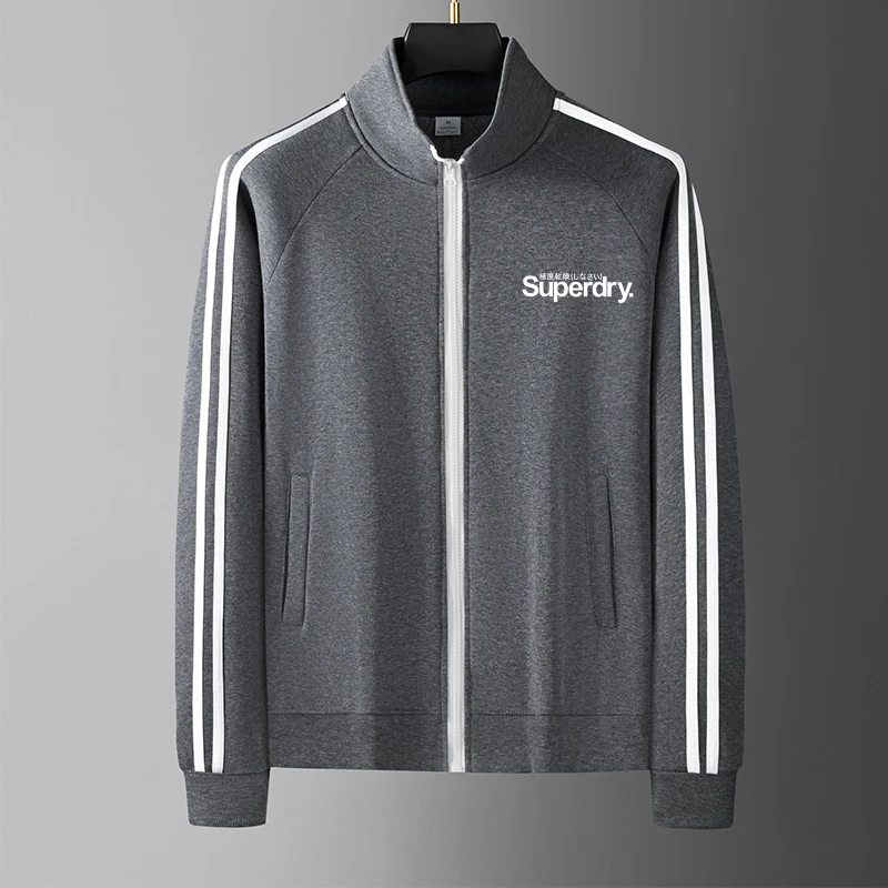 Men Casual Sports Jacket Stand Collar Full Zip 3 White Stripes Letter Graphic Print Long Sleeve Sportswear Male Training Daily