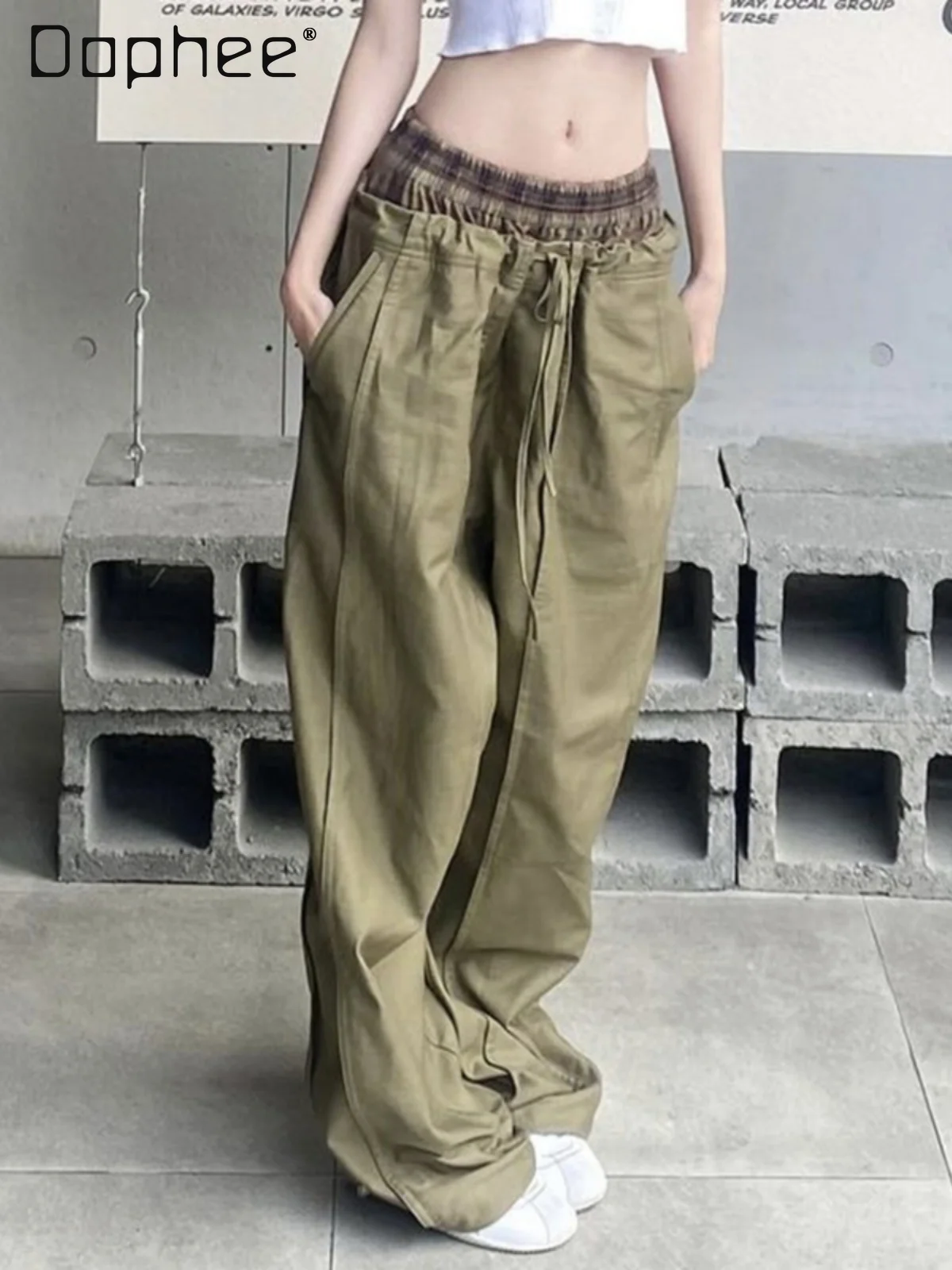 

American Retro Fake Two Piece Low Waist Casual Pants Women's Elastic Waist Loose Straight Leg Cargo Pants Overalls Street