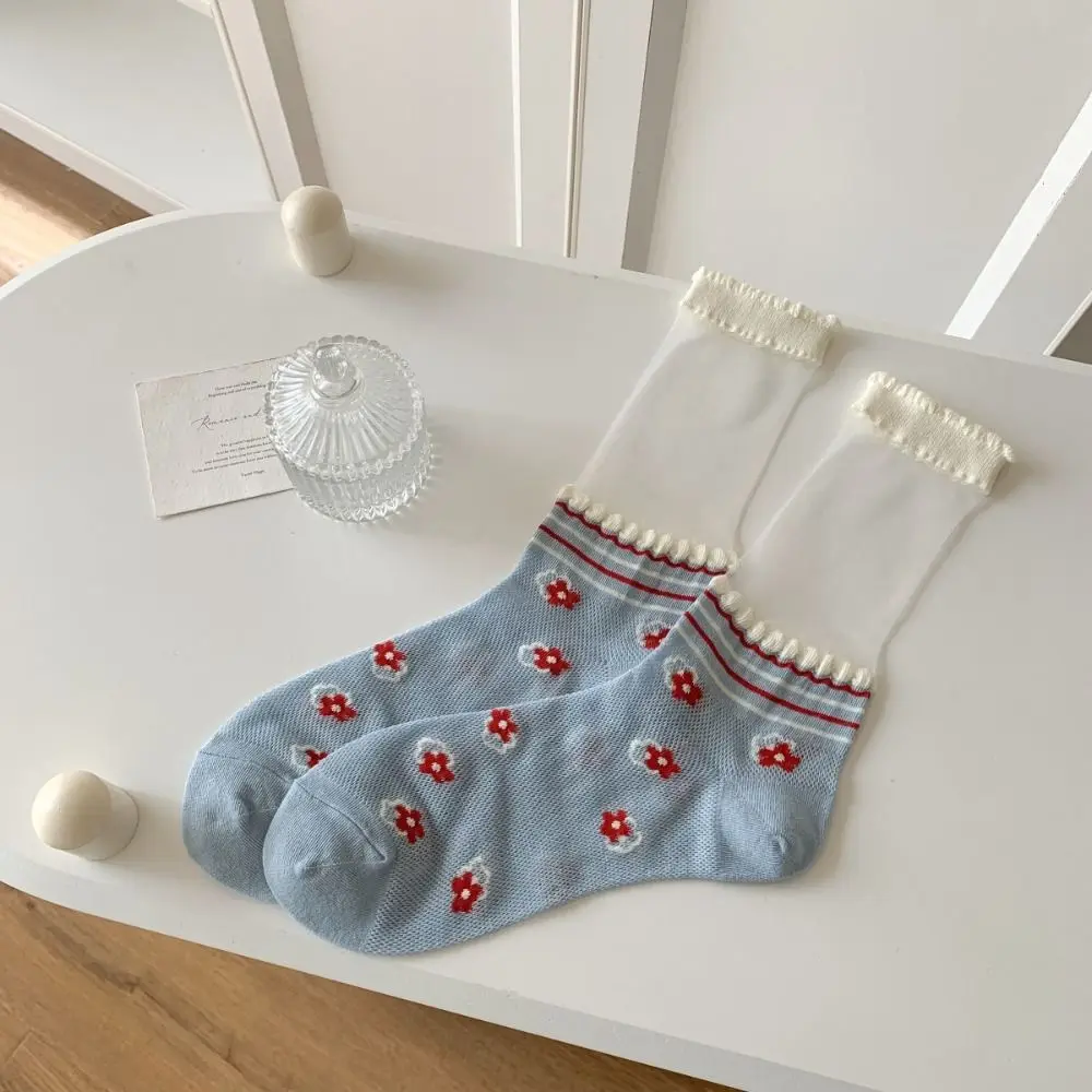 

2/3Pairs Unique Sweet Transparent Flower Socks Blue Thin Mid Calf Socks Women Hosiery Patchwork Crystal Silk Socks Summer