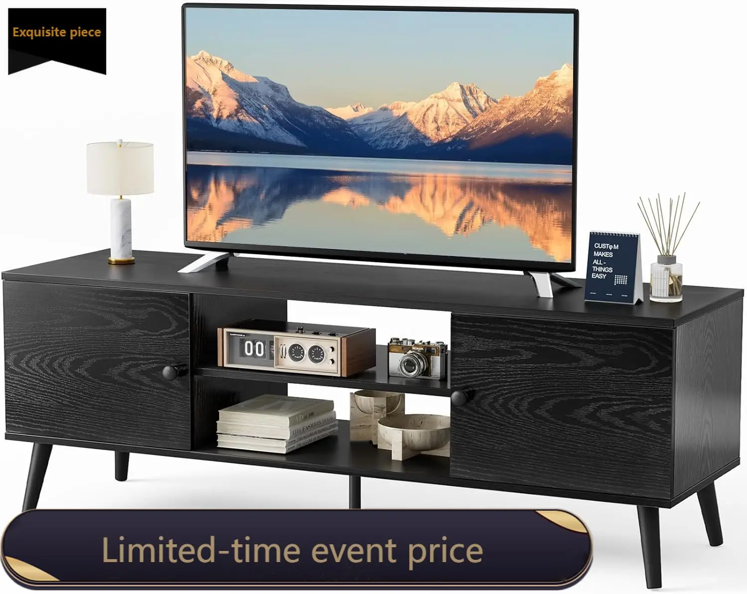 

Black Mid Century Modern Entertainment Center Tv Stand Media Console Table Storage Two Cabinet Soft Hinge Handle Door Wooden Liv