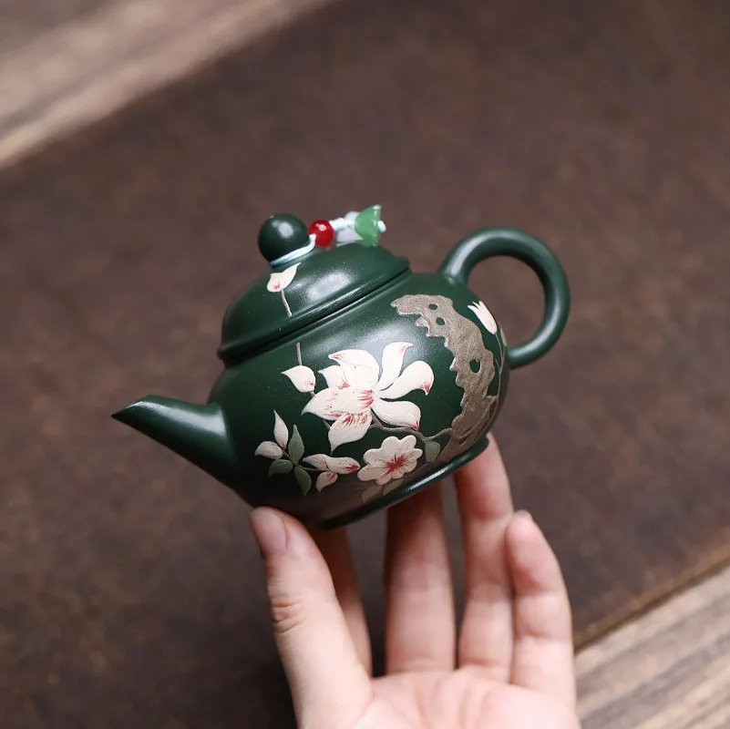 140ML Kung Fu tea set Yixing purple clay teapot handmade raw ore high-quality green clay mud painted horizontal teapot