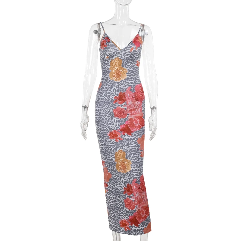 Summer 2024 New Slim Fit Spicy Girl Long Dress European And American Style Sexy Leopard Pattern Suspended Dress JY24170PFO