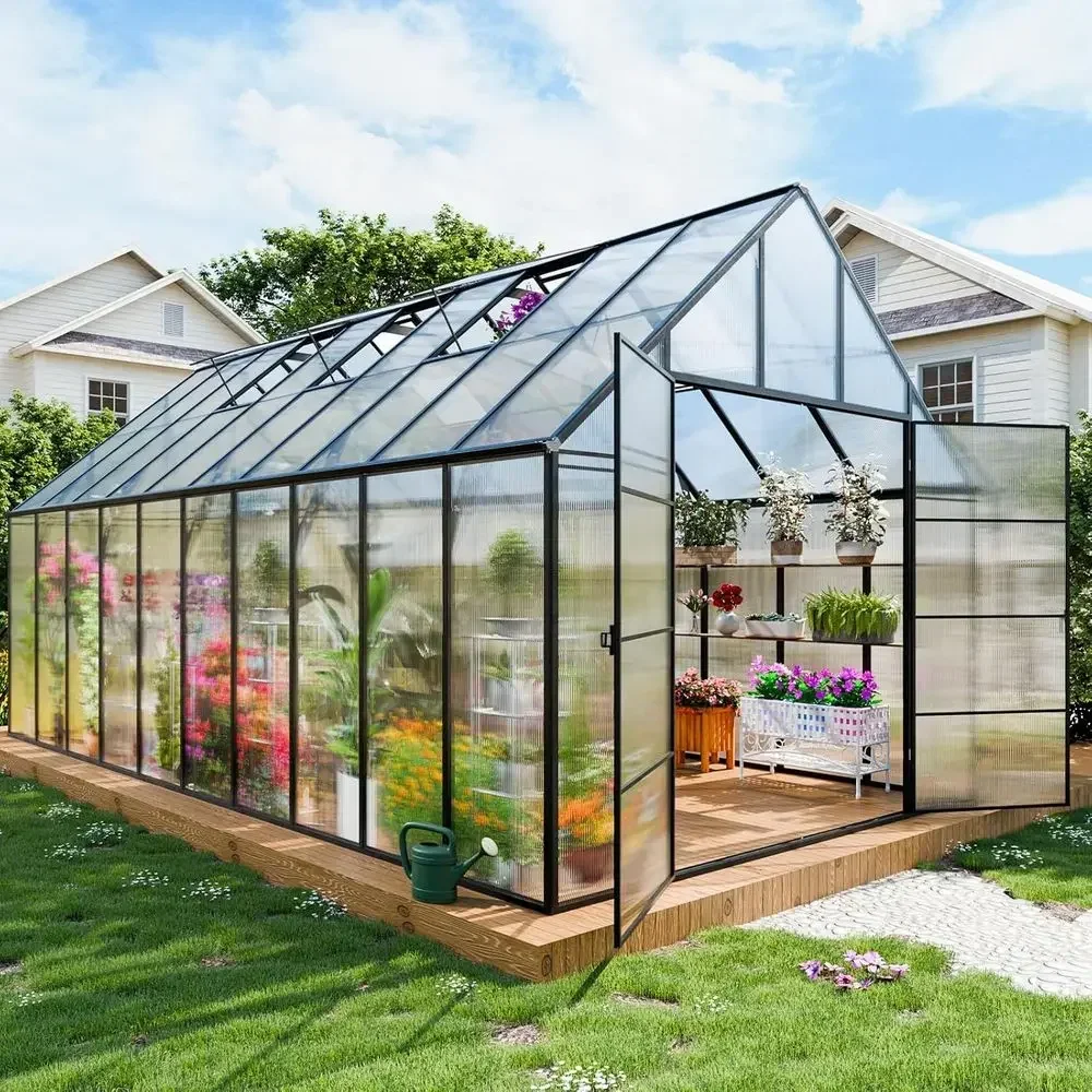10x20 Large Easy Assembly Polycarbonate Walk-in Greenhouse with 4 Vents, Windows, and Swing Door for Garden Use