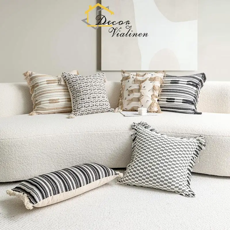 Nordic Instagram Pillow Sofa, Living Room Cotton and Hemp Tassel Cushion, Beige White Cushion, Silent Wind Homestay Black