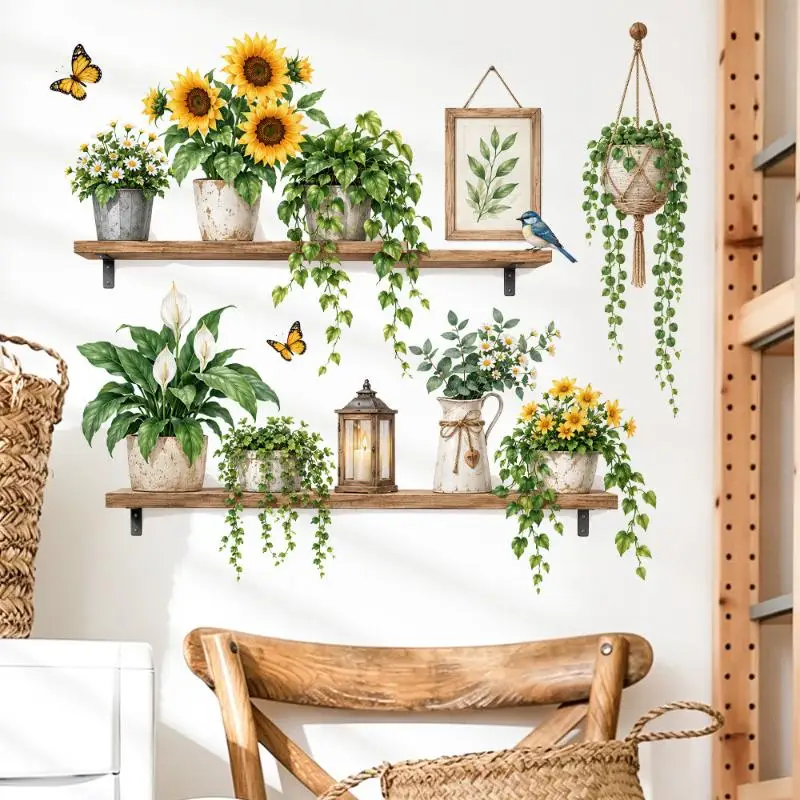 Self-Adhesive Green Vine Butterfly Wall Decals Sunflower Potted Shelf Pattern Stickers for Glass Tile Smooth Wall Decor
