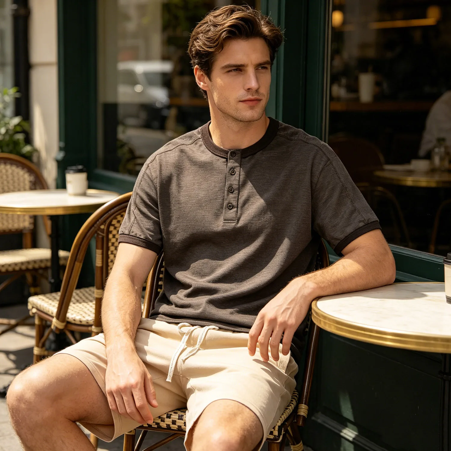 1Set American Retro Cleanfit Henley Heavy Cotton Tee Drawstring 5in Sports Shorts Men Neutral Minimal