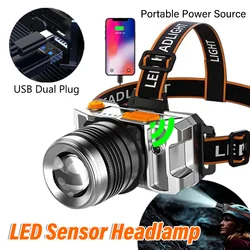 LED Sensor Headlamp T6 Super Bright USB Rechargeable Headlight 18650 Battery Waterproof Camping Fishing Lantern Power Source