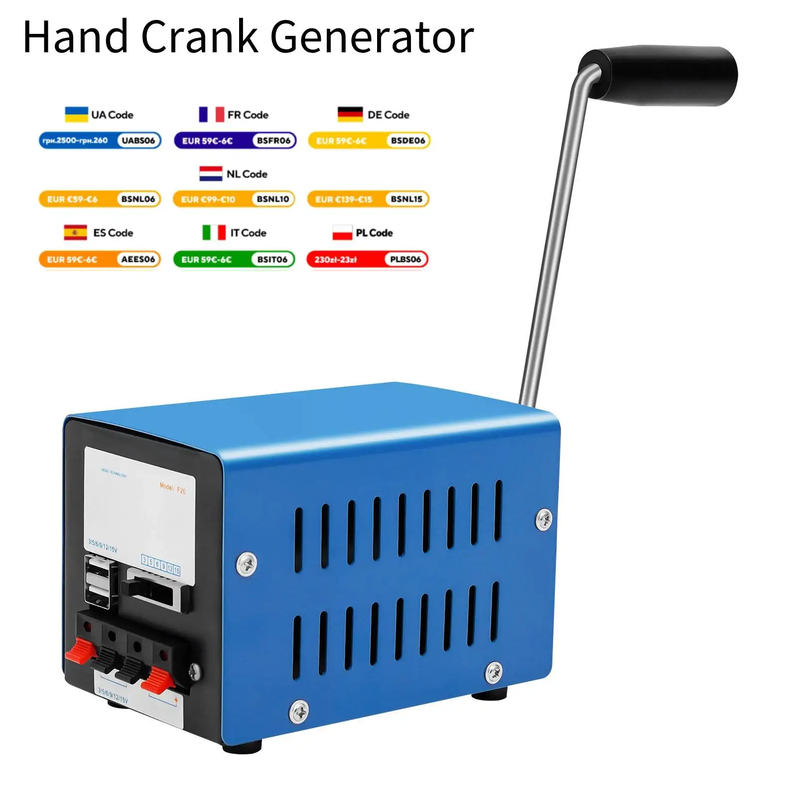 

20 Вт ручной генератор с рукояткой, аварийный источник питания, USB-зарядка, многонапрямные порты (3 В-28 В) для выживания на открытом воздухе, кемпинга