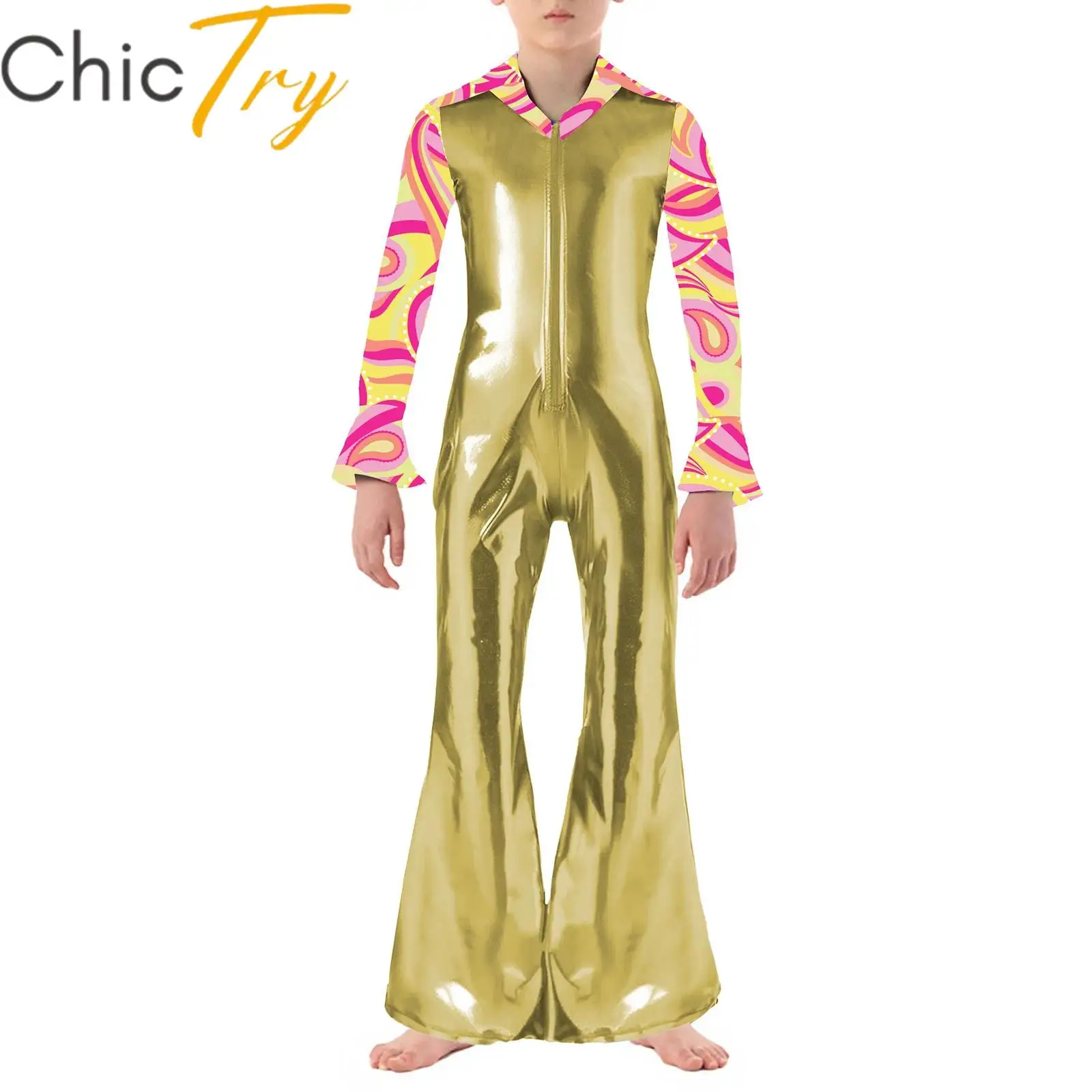 

Kids Boys Printed Disco Dance Costume Metallic Long Flare Sleeve Front Zipper Bell-Bottomed Pants Jumpsuit for Stage Performance