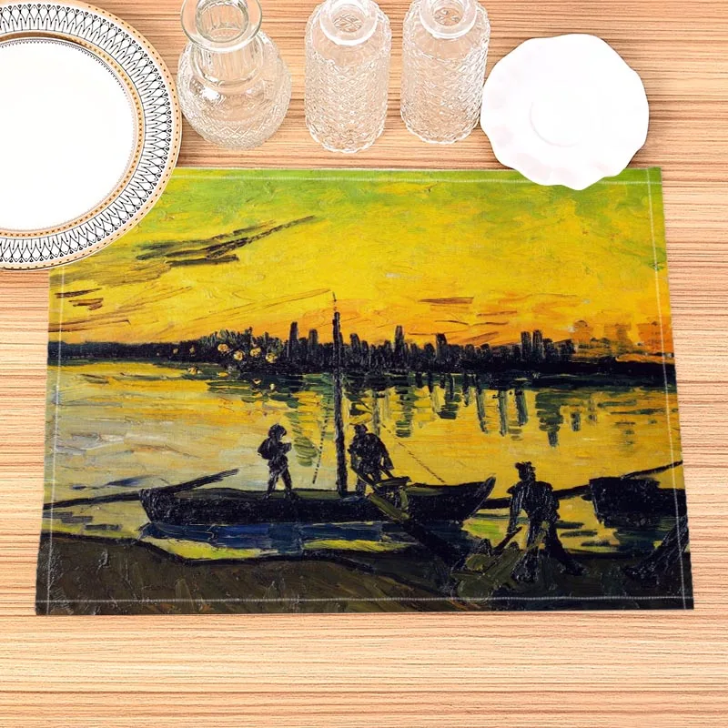 Van Gogh Painting Print Linen Dining Table Mats Kitchen Placemat 30X40cm Coasters Pads Bowl Cup Mat