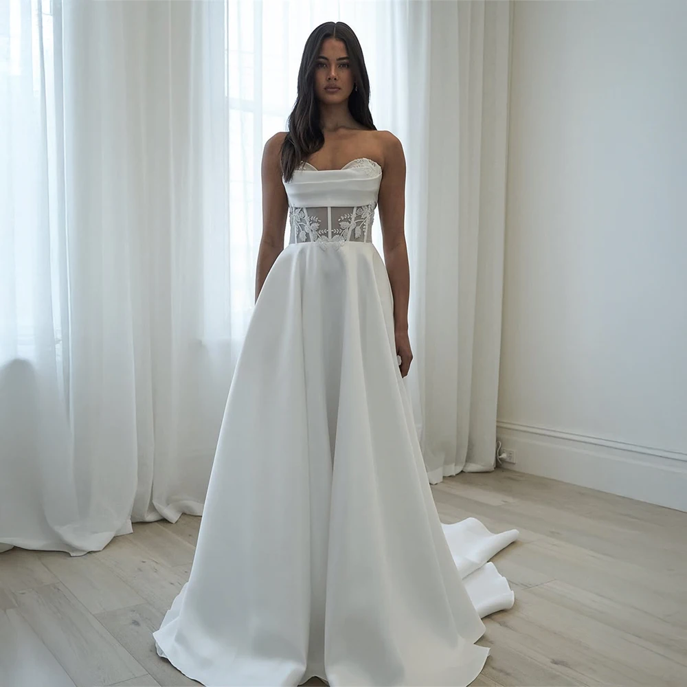 

Customized Strapless Satin A Line Wedding Dress Sheer Lace Bodice Bridal Dress Stylish Formal Bridal Gown For Bridal Occasion